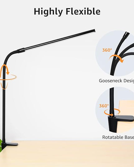 Lepro Clip on Desk Lamp LED Reading light Dimmable USB Small Clamp Lamp with 3 Color Modes 10 Brightness, Adjustable Flexible Gooseneck Table Light for Bed Headboard, Nail, Home Office,Computer(Black) - LeafyLoom