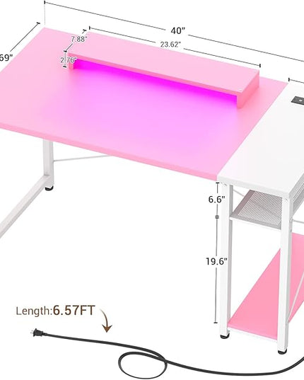 armocity Computer Desk with LED, Gaming Desk with Outlets, 40 Reversible Laptop Table with Monitor Stand, Small Desk for Small Spaces, Pink - LeafyLoom