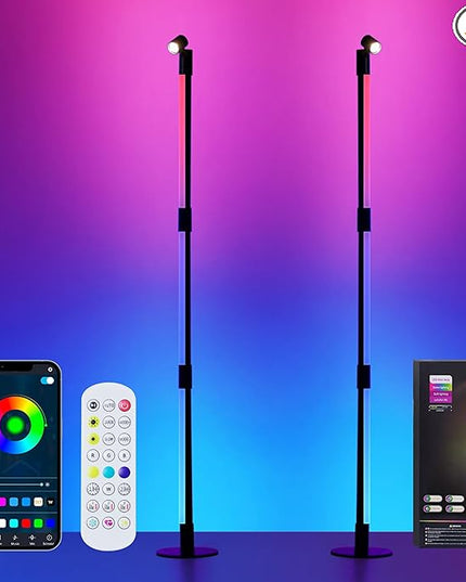 RGB+IC Floor Lamp, 2 Pack Smart LED Corner Lamp with Music Sync and 16 Million DIY Colors, App & Remote Control, 360° Rotating Standing Floor Lamp with Spotlight for Bedroom Living Room - LeafyLoom