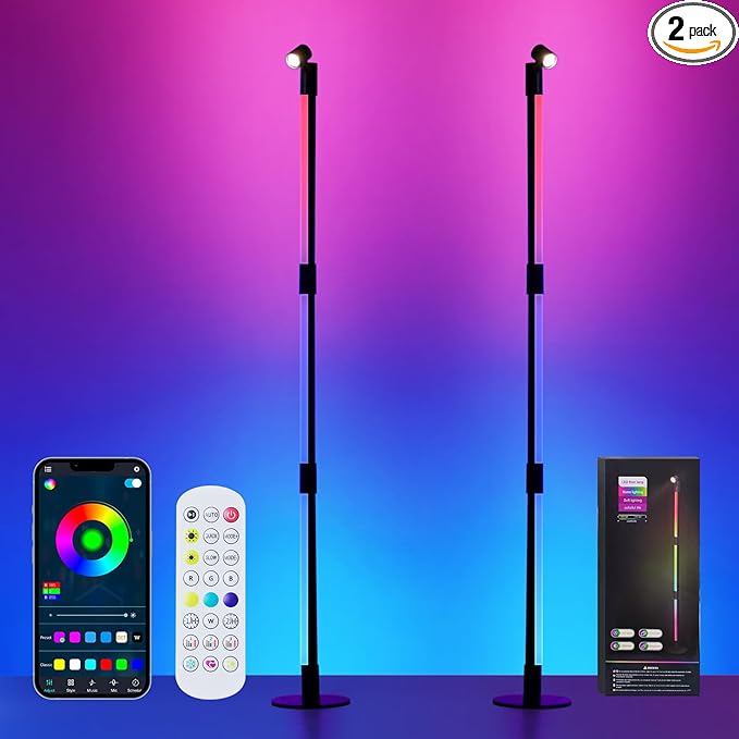 RGB+IC Floor Lamp, 2 Pack Smart LED Corner Lamp with Music Sync and 16 Million DIY Colors, App & Remote Control, 360° Rotating Standing Floor Lamp with Spotlight for Bedroom Living Room - LeafyLoom