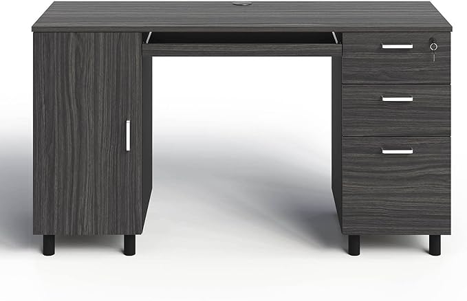 Modern Design By Crafts & comfort Venice Computer Desk - Office Desk with 3 Drawers & CPU Storage Cabinet - Laptop Workstation with Keyboard Tray & Cable Hole - Home & Office Supplies -Slate/Black - LeafyLoom