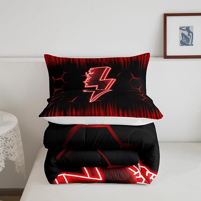 Feelyou Game Flash Bedding Set Full Size Boys Girls Ombre Comforter Set for Kids Honeycomb Comforter Red Black Duvet Set Room Decor Quilt Set - LeafyLoom