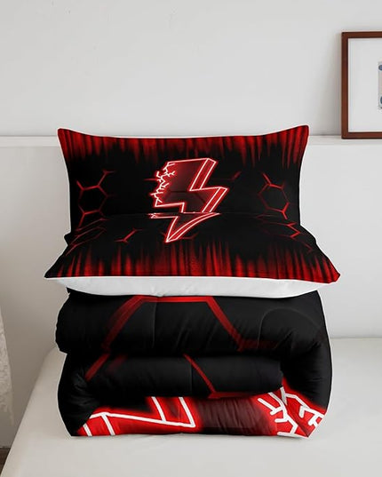 Feelyou Game Flash Bedding Set Twin Size Boys Girls Ombre Comforter Set for Kids Honeycomb Comforter Red Black Duvet Set Room Decor Quilt Set - LeafyLoom