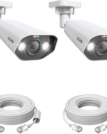 ZOSI 2PK 4K PoE Add-on Cameras with Ethernet Cables,Person/Vehicle Detection,2 Way Audio,Night Vision,Spotlight Siren,8MP Weatherproof Outdoor Indoor IP Security Camera Only Work 4K PoE NVR ZOSI