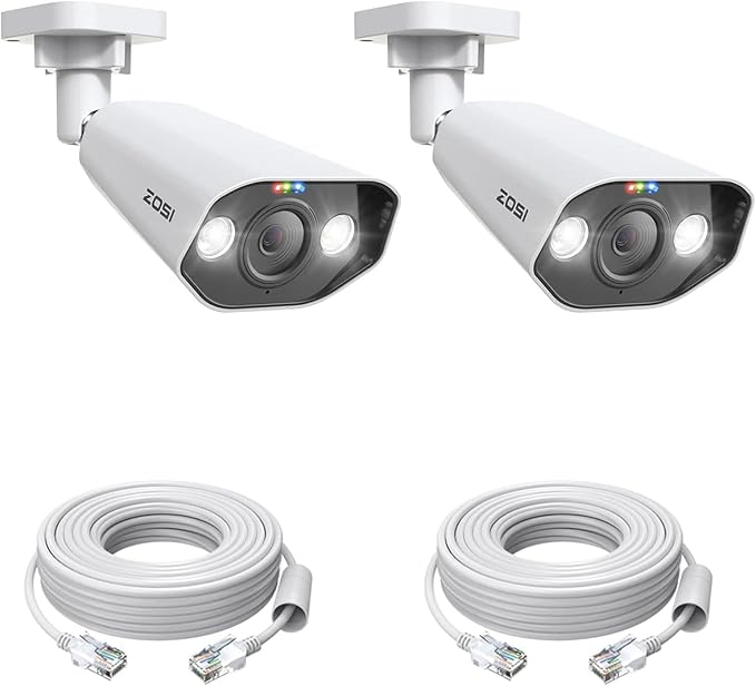 ZOSI 2PK 4K PoE Add-on Cameras with Ethernet Cables,Person/Vehicle Detection,2 Way Audio,Night Vision,Spotlight Siren,8MP Weatherproof Outdoor Indoor IP Security Camera Only Work 4K PoE NVR ZOSI
