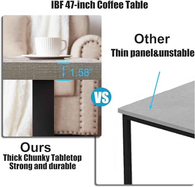 IBF Grey Coffee Table, Wood Metal Coffee Table for Living Room, Farmhouse Minimalist Rustic Center Table, Industrial Simple Rectangle Wooden Cocktail Tea Table for Bedroom, Light Grey Oak, 47 Inch - LeafyLoom