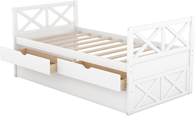 Twin Daybed with Storage Drawers and Trundle Bed, Wood Twin Size Captain’s Bed Frame for Bedroom Living Room Guest Room, White - LeafyLoom