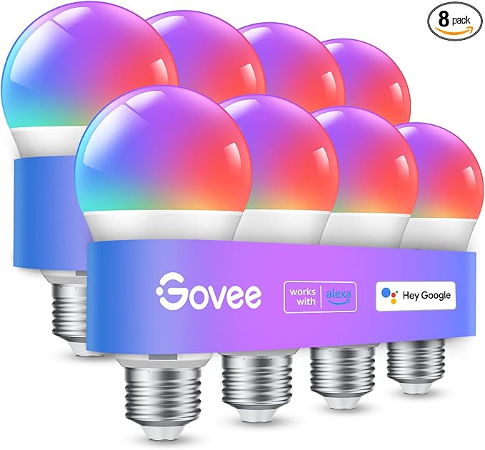 Govee Smart Light Bulbs, WiFi Bluetooth Color Changing Light Bulbs, Music Sync, 54 Dynamic Scenes, 16 Million DIY Colors RGB Light Bulbs, Work with Alexa, Google Assistant, 800 Lumen, 8 Pack Govee