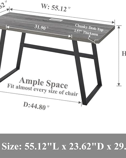 BON AUGURE 55 inch Modern Writing Desk, Rustic Computer Desk for Home Office, Sturdy Simple Wood and Metal Desk, Industrial Work Study Table (Dark Grey Oak) - LeafyLoom