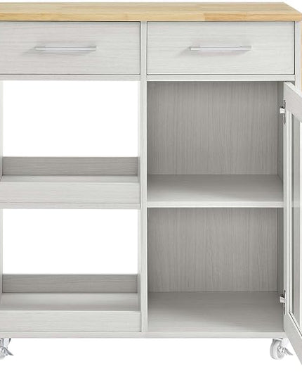 Modway Culinary Rolling Kitchen Cart with Storage in White Natural - 3 Tiers Kitchen Island on Wheels with Spice Rack, Functional as a Coffee Station, Bar Cabinet or Butcher Block Island - LeafyLoom