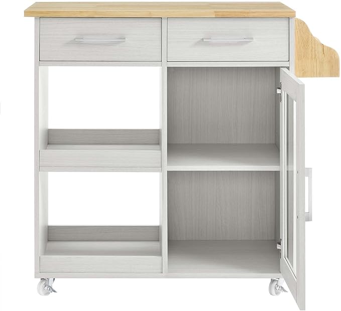Modway Culinary Rolling Kitchen Cart with Storage in White Natural - 3 Tiers Kitchen Island on Wheels with Spice Rack, Functional as a Coffee Station, Bar Cabinet or Butcher Block Island - LeafyLoom