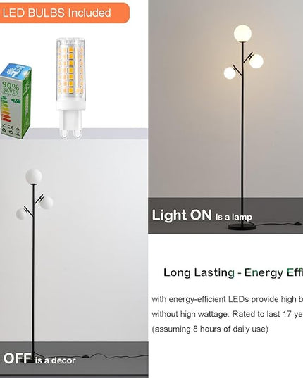 3 Globe Modern Black Floor Lamp, Mid Century Contemporary Standing Lamp with Sphere Frosted Glass Shade and Warm White LED Bulbs, LED Tall Pole Tree Lamp for Living Room, Bedroom, Hotel - LeafyLoom