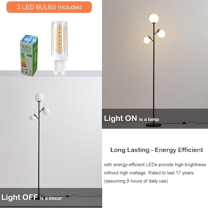 3 Globe Modern Black Floor Lamp, Mid Century Contemporary Standing Lamp with Sphere Frosted Glass Shade and Warm White LED Bulbs, LED Tall Pole Tree Lamp for Living Room, Bedroom, Hotel - LeafyLoom