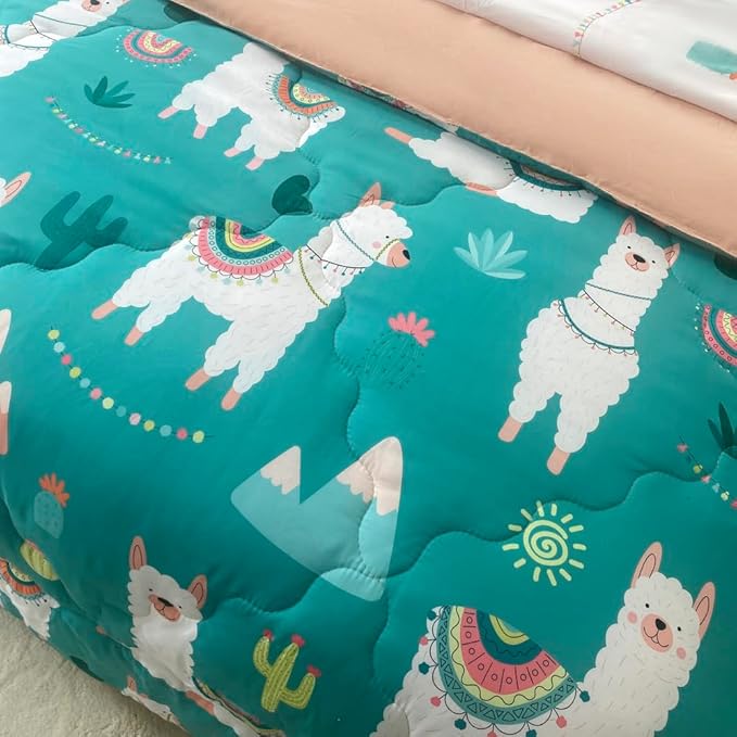 Wajade Kids Llama Comforter Set Bed in A Bag Queen Size 7 Piece Cute Alpaca Tropical Plant Cactus Bedding Set for Girls Boys (1 Comforter, 1 Flat Sheet, 1 Fitted Sheet, 2 Pillowcase and 2 Pillow Sham) - LeafyLoom