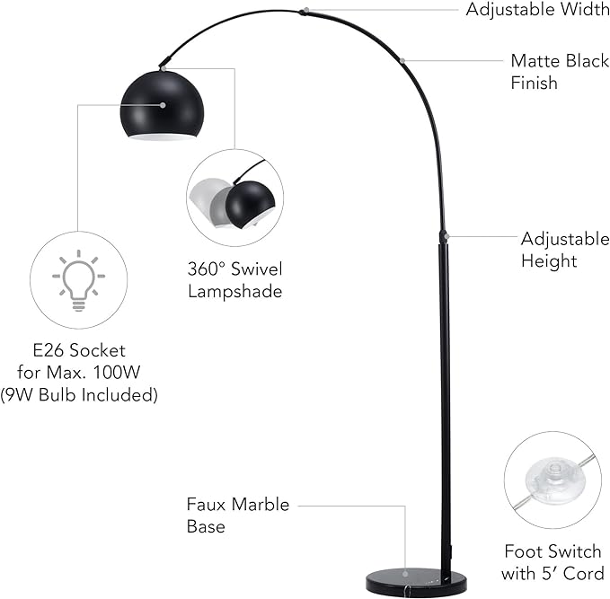 Arc Floor Lamps Metal Shade, BlackFloor Lamp Over The Couch, 360° Rotatable Standing Lamp for Reading Office, Bedroom, Living Room - LeafyLoom