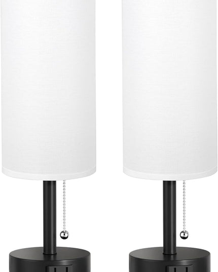 White Bedside Table Lamps Set of 2-3 Color Temperatures Pull Chain Lamp with AC Outlet Charging Port, Two Round Night Stand Lamps for Bedroom Office, Small Bed Side Light with E26 LED Bulbs - LeafyLoom