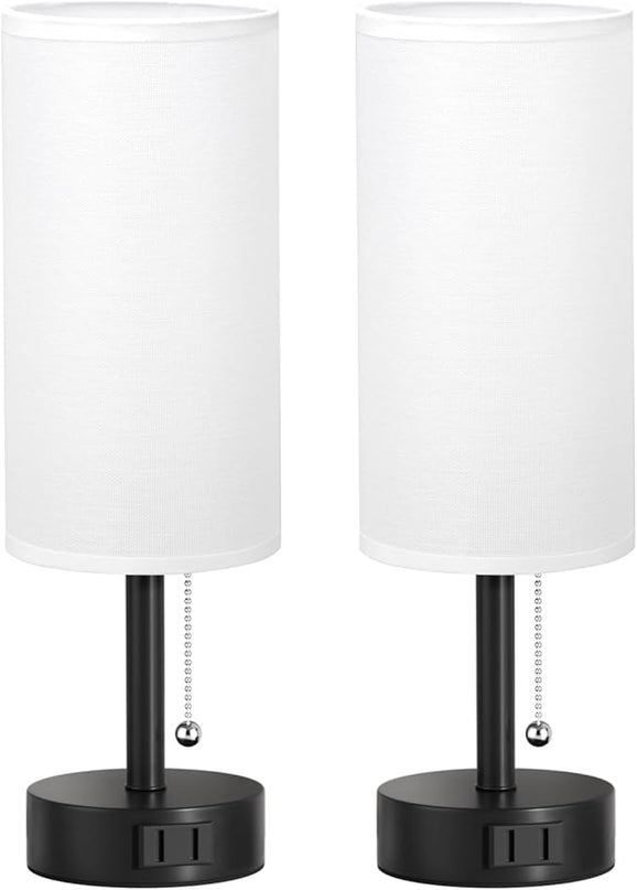 White Bedside Table Lamps Set of 2-3 Color Temperatures Pull Chain Lamp with AC Outlet Charging Port, Two Round Night Stand Lamps for Bedroom Office, Small Bed Side Light with E26 LED Bulbs - LeafyLoom