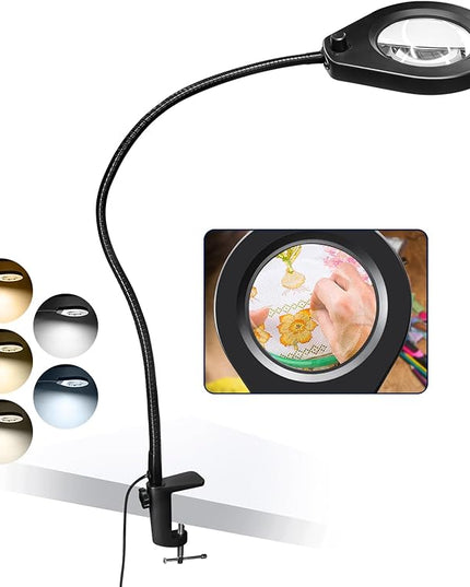 Magnifying with Light and 10X Real Glass Lens, Lighted in 5 Color Temperatures & 10 Dimmable Levels, Desk Edge Clip Mounted, Hands Free Positioning by 19.7' Gooseneck Arm - LeafyLoom