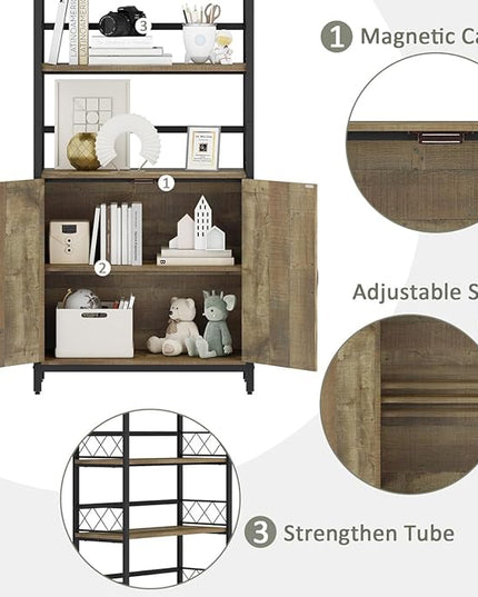 Rustic Bookcase with Storage Cabinet, Farmhouse Tall Bookshelf with Doors, Industrial Wood Metal Book Shelf for Home Office, Living Room, Bedroom (Rustic Oak) - LeafyLoom