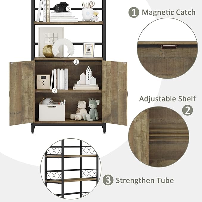 Rustic Bookcase with Storage Cabinet, Farmhouse Tall Bookshelf with Doors, Industrial Wood Metal Book Shelf for Home Office, Living Room, Bedroom (Rustic Oak) - LeafyLoom