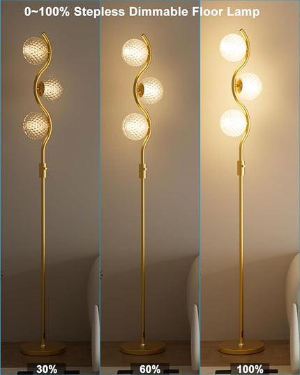 Lightdot Dimmable Brass Crystal Floor Lamp, Gold Standing Lamps for Living Room, 3PCS 3000K G9 Bulbs Included, Mid Century Modern Globe Floor Lamp for Bedroom Home Decor - LeafyLoom