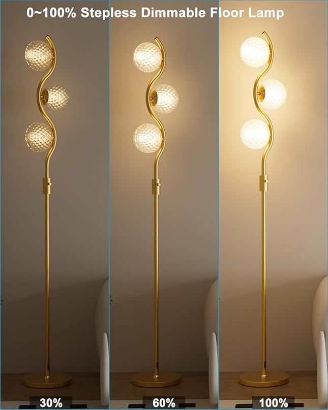 Lightdot Dimmable Brass Crystal Floor Lamp, Gold Standing Lamps for Living Room, 3PCS 3000K G9 Bulbs Included, Mid Century Modern Globe Floor Lamp for Bedroom Home Decor - LeafyLoom