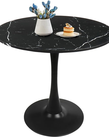 Round Dining Table Black Faux Marble Kitchen Dining Table 31.5" Modern Mid-Century Leisure Tulip Table with Pedestal Base for Dining Room 2 to 4 Person - LeafyLoom