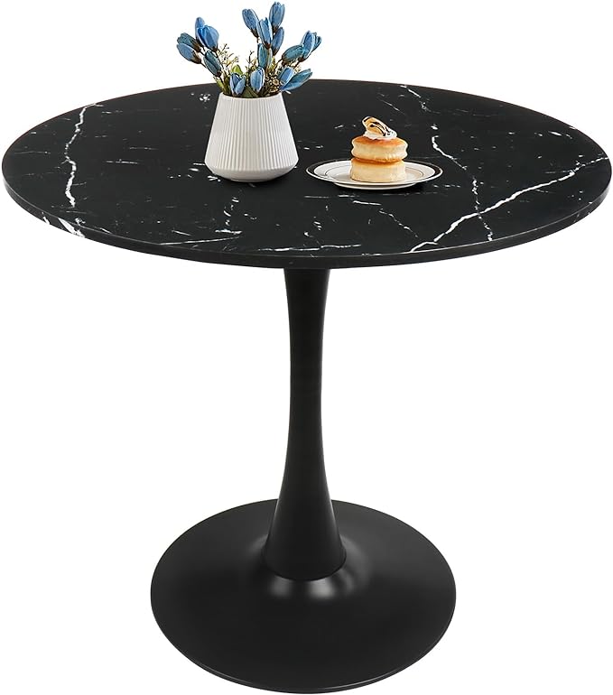 Round Dining Table Black Faux Marble Kitchen Dining Table 31.5" Modern Mid-Century Leisure Tulip Table with Pedestal Base for Dining Room 2 to 4 Person - LeafyLoom