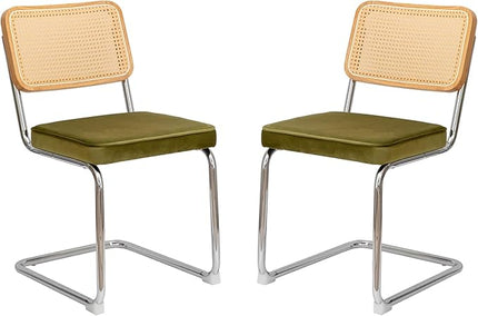 Dining Chairs Set of 2, Velvet Rattan Side Accent Chairs with Chrome Legs, Modern Mid Century Breuer Designed Chairs, Upholstered Dining Living Room Kitchen Chairs (Olive Green-2pcs) - LeafyLoom
