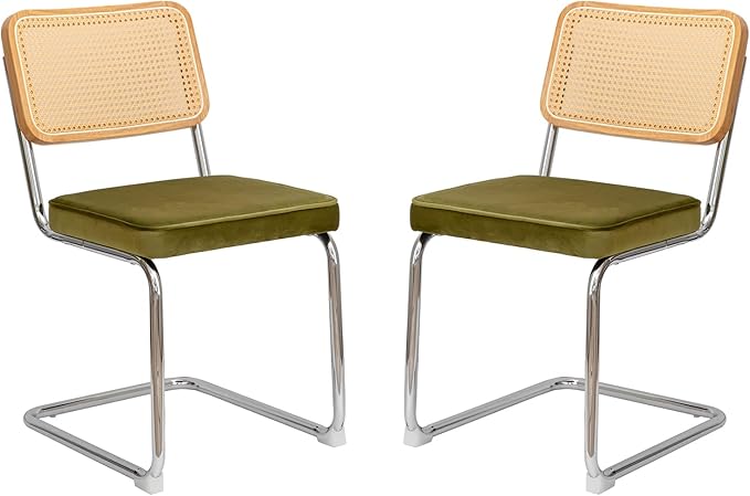 Dining Chairs Set of 2, Velvet Rattan Side Accent Chairs with Chrome Legs, Modern Mid Century Breuer Designed Chairs, Upholstered Dining Living Room Kitchen Chairs (Olive Green-2pcs) - LeafyLoom