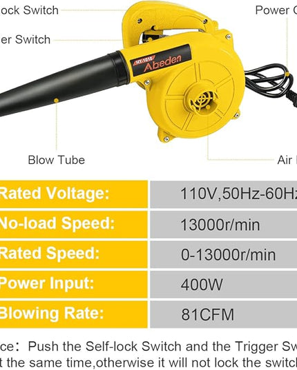Corded Electric Leaf Blower,2 in 1 Small Handheld Lightweight Sweeper/Vacuum,110V 400W Portbale Blower for Leaf/Snow/Dust Blowing (Yellow) - LeafyLoom