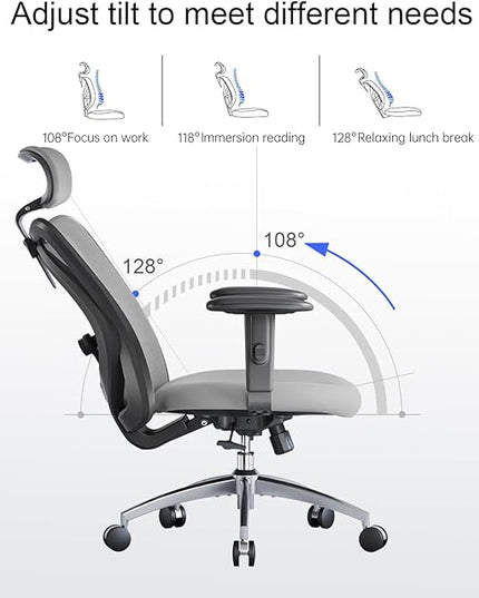 SIHOO M18 Ergonomic Office Chair for Big and Tall People Adjustable Headrest with 2D Armrest Lumbar Support and PU Wheels Swivel Tilt Function Grey - LeafyLoom