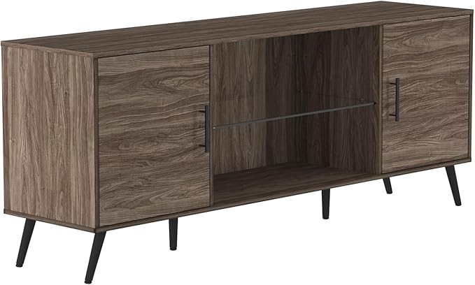 Walker Edison Saxon Mid Century Modern Glass Shelf TV Stand for TVs up to 65 Inches, 60 Inch, Slate Grey - LeafyLoom