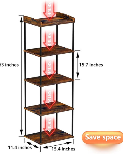 5-Tier Narrow Book Shelf, Tall Industrial Wood Bookcase, Vintage Storage Rack and Standing Bookshelves Display Rack for Home Office, Living Room, Bedroom, Kitchen, Rustic Brown - LeafyLoom