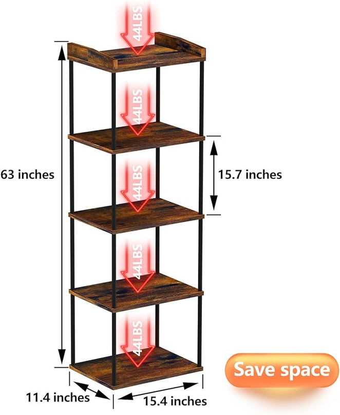5-Tier Narrow Book Shelf, Tall Industrial Wood Bookcase, Vintage Storage Rack and Standing Bookshelves Display Rack for Home Office, Living Room, Bedroom, Kitchen, Rustic Brown - LeafyLoom
