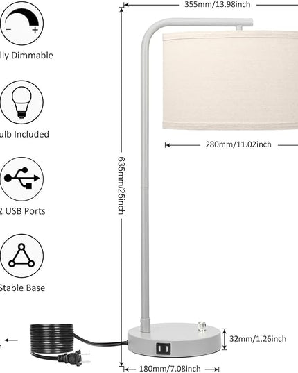 Table Lamp with USB Ports, Fully Dimmable Nightstand Lamp for Living Room, Modern Grey Bedside Lamp, Tall Table Lamp with Beige Shade Minimalist Desk Lamp for Bedroom Office, LED Bulb Included - LeafyLoom