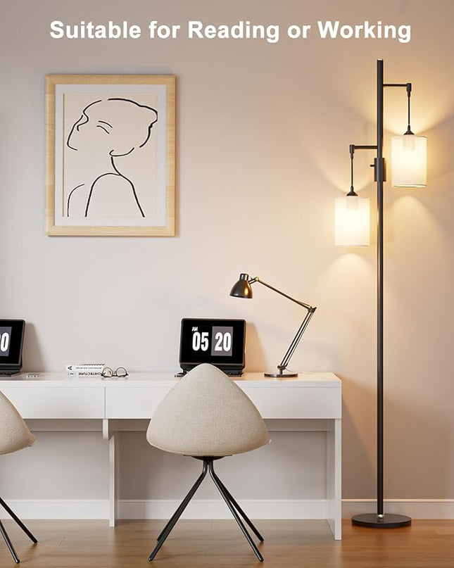 65IN Dimmable (Brightness Adjustable) Tree Floor Lamp, Mid Century Tall Standing Lamps with 2 E26 3000K LED Bulbs, Fabric Shades, Industrial Modern Floor Lamp for Living Room Bedroom - LeafyLoom