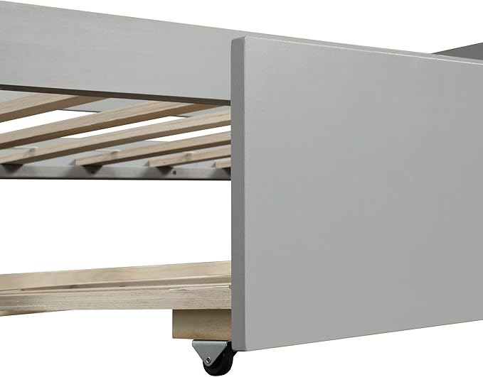 Twin Size Daybed with Hideaway Trundle,Multifunction Solid Wood Bed Frame,W/Wooden Slat Support and Guardrails,No Box Spring Needed,for Bedroom Children Room,Gray - LeafyLoom