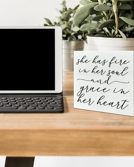 Home Office Desk Wooden Box Sign Decor, Fire in Her Soul and Grace in Her Heart, Inspirational Quotes Desk Decor Motivational Desk Decorations for Women Girls Teens Student Office Classroom School - LeafyLoom