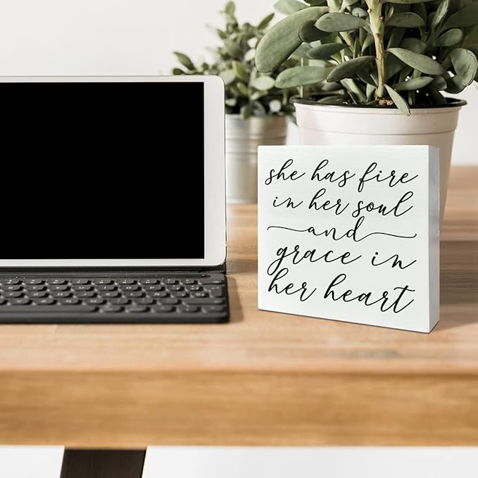 Home Office Desk Wooden Box Sign Decor, Fire in Her Soul and Grace in Her Heart, Inspirational Quotes Desk Decor Motivational Desk Decorations for Women Girls Teens Student Office Classroom School - LeafyLoom