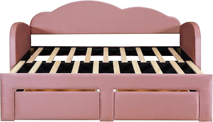 Twin Size Velvet Upholstered Daybed with Cloud-Shaped Backrest and Trundle,Wooden Storage Bed Frame W/Drawers & USB Ports,Convert to King-Size Bed,for Living Room Apartment,Pink - LeafyLoom