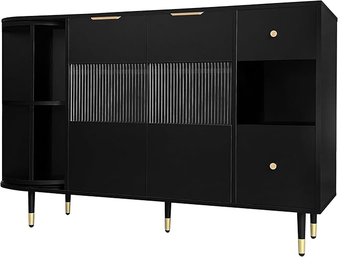 51.1" Rotating Storage Cabinet Sideboard with 2 Doors of Tempered Changhong Glass and 2 Drawers,Wooden Console Table,w/Built-in Shelves & Turntable,for Living Room,Black - LeafyLoom