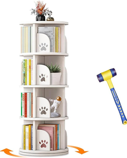 LEYUKEJI 360°Rotating Bookshelf 4-Tier Large Capacity 18" Diameter Kids Bookshelf PVC Plastic Display Cabinet,Corner Bookcase Space Saving Round Spinning Storage Rack With Small Silicone Hammer,White - LeafyLoom