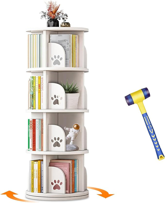 LEYUKEJI 360°Rotating Bookshelf 4-Tier Large Capacity 18" Diameter Kids Bookshelf PVC Plastic Display Cabinet,Corner Bookcase Space Saving Round Spinning Storage Rack With Small Silicone Hammer,White - LeafyLoom