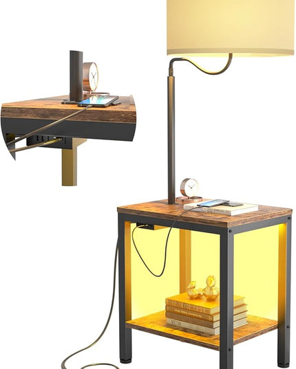 LED Floor Lamp with Table - Rustic Side Table with LED Light and Power Outlet, Bedside Nightstand with Lamp, End Table with Lamp Attached for Living Room, Bedroom, USB Ports, Bulb Included - LeafyLoom