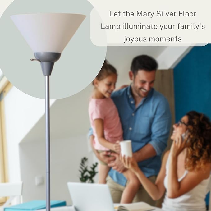 Stand Up Floor Lamp in Silver - Stylish and Functional Torchiere with Opal White Cone Shade, 70-Inch Tall Lamp Ideal for Living Rooms and Bedrooms - Contemporary Floor Lamps for Living Room - LeafyLoom
