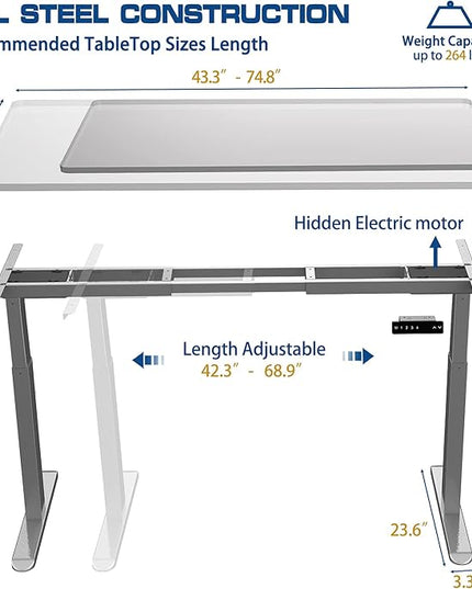 AIMEZO Standing Desk Frame, Dual Motor Electric Height Adjustable Sit Stand Desk Frame with 4 Memory Preset Button, USB Charging Port for Home Office (2 Tier Legs, Gray) - LeafyLoom