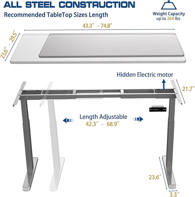 AIMEZO Standing Desk Frame, Dual Motor Electric Height Adjustable Sit Stand Desk Frame with 4 Memory Preset Button, USB Charging Port for Home Office (2 Tier Legs, Gray) - LeafyLoom