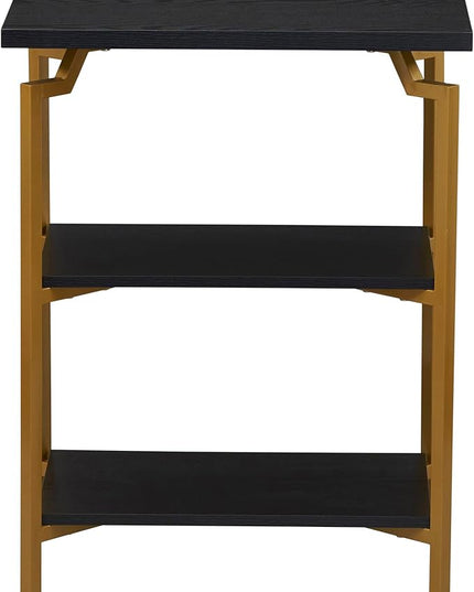 Household Essentials Crown Narrow 3 Shelf Open Storage Bookshelf Black Oak Wood Grain and Gold Metal - LeafyLoom
