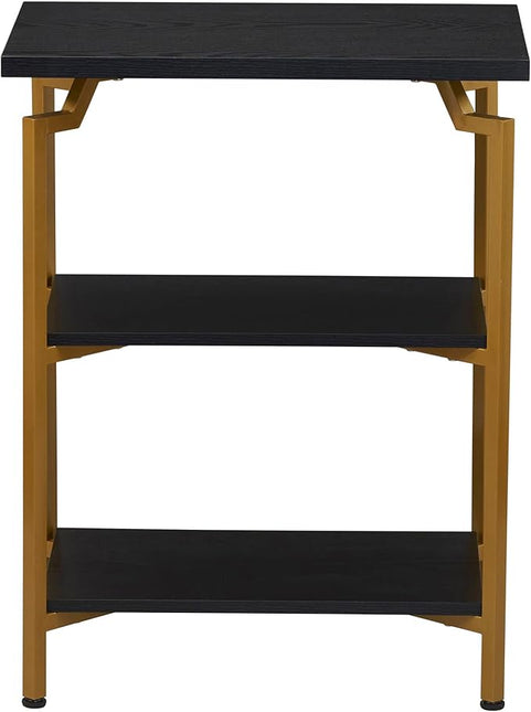 Household Essentials Crown Narrow 3 Shelf Open Storage Bookshelf Black Oak Wood Grain and Gold Metal - LeafyLoom